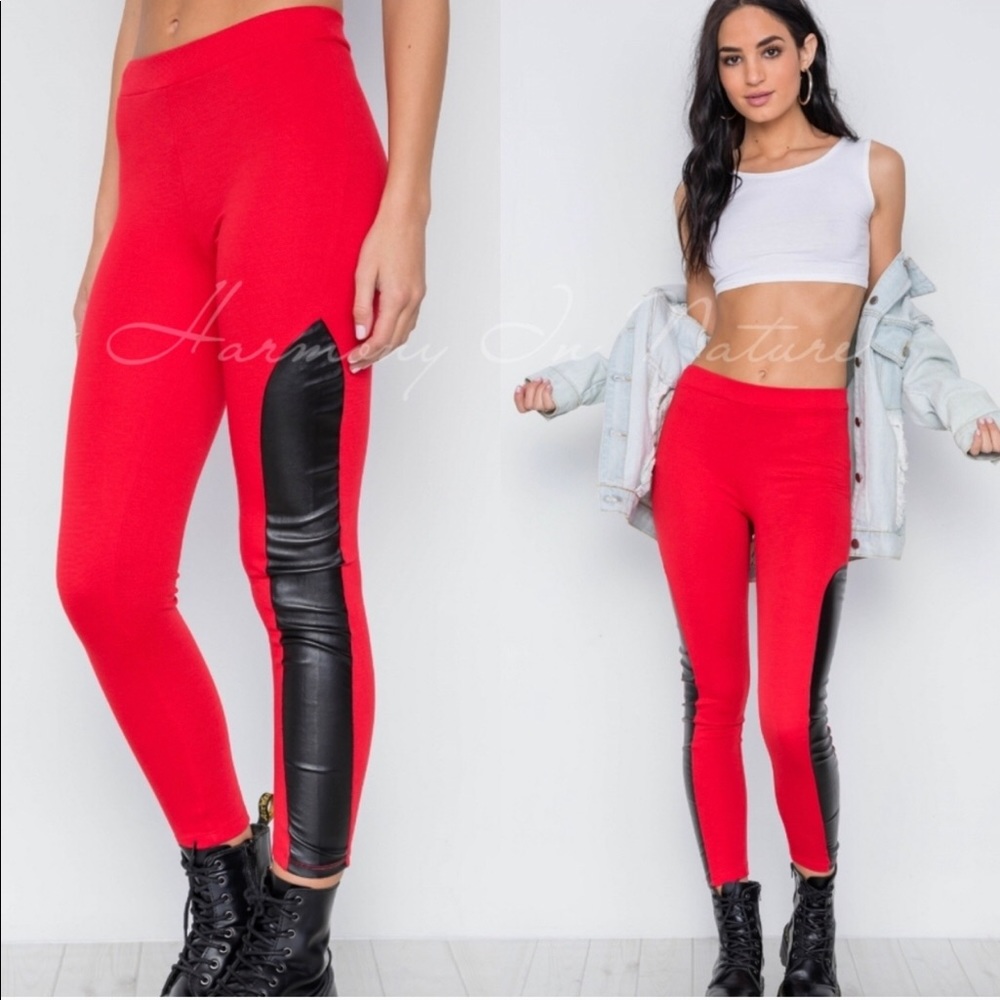 FREE SHIPPING Red vegan leather patch leggings